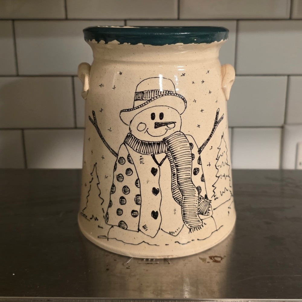 Gloria Craig Christmas 7in Pottery Crock Cream Snowman Psalm 37:4 Folk Art 2001